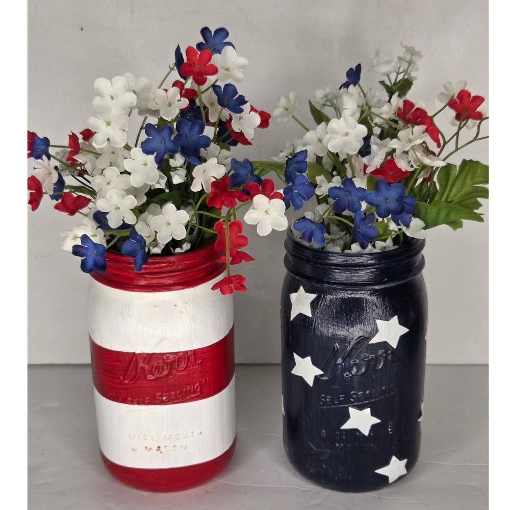 Kerr Patriotic Mason Jars Stars and Stripes Red White Blue Decor Set of 2 Floral